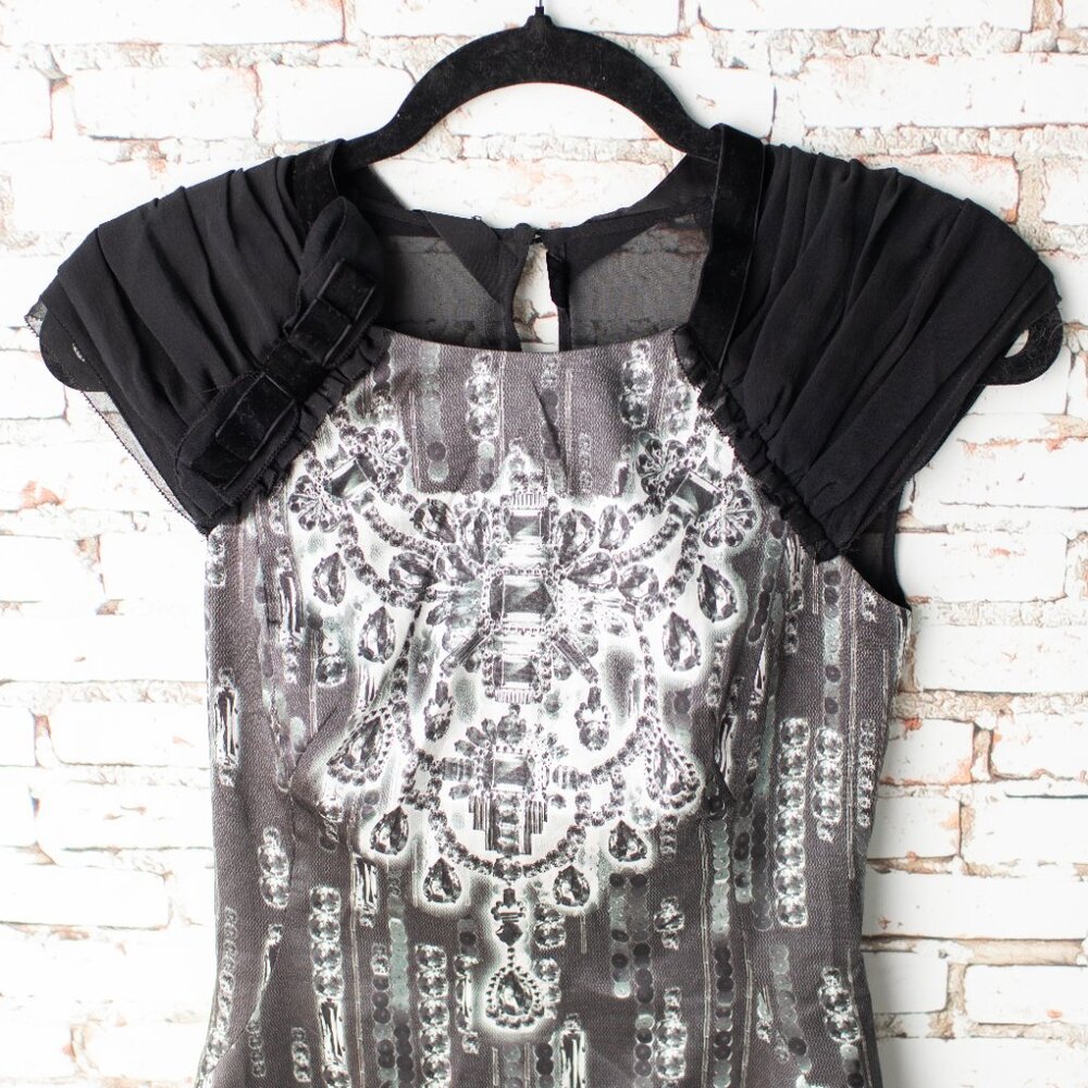 NEW Karen Millen Silk Gray Black Diamond Print Velvet Bow Cutout Mini Dress 4 - Picture 2 of 10